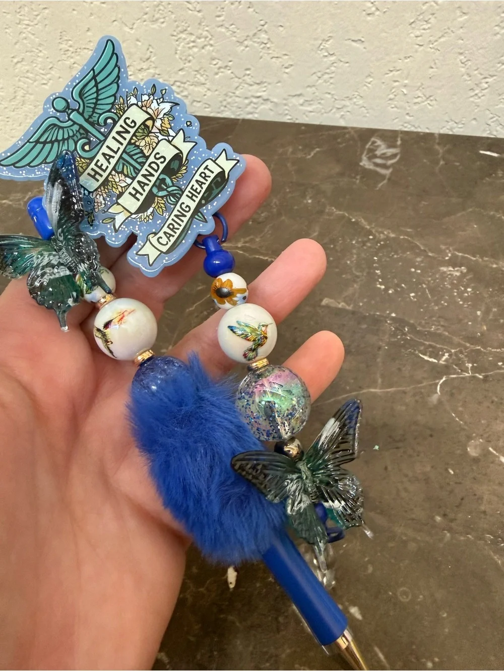 Healing Hands Medical Butterfly Hummingbird Beaded Pen and Matching Badge Reel